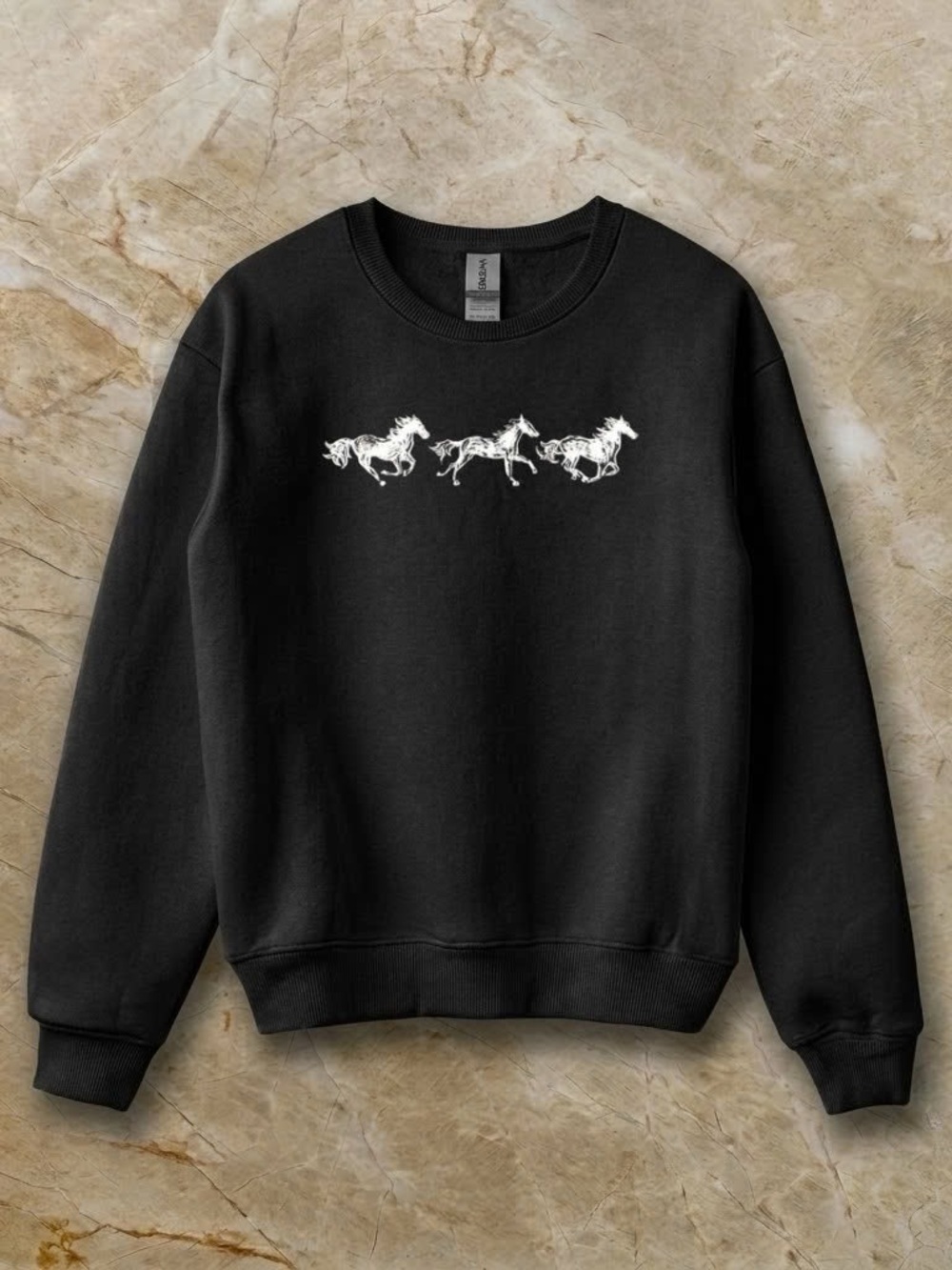 Gildan Black Crewneck Sweatshirt with White Horse Trio Graphic